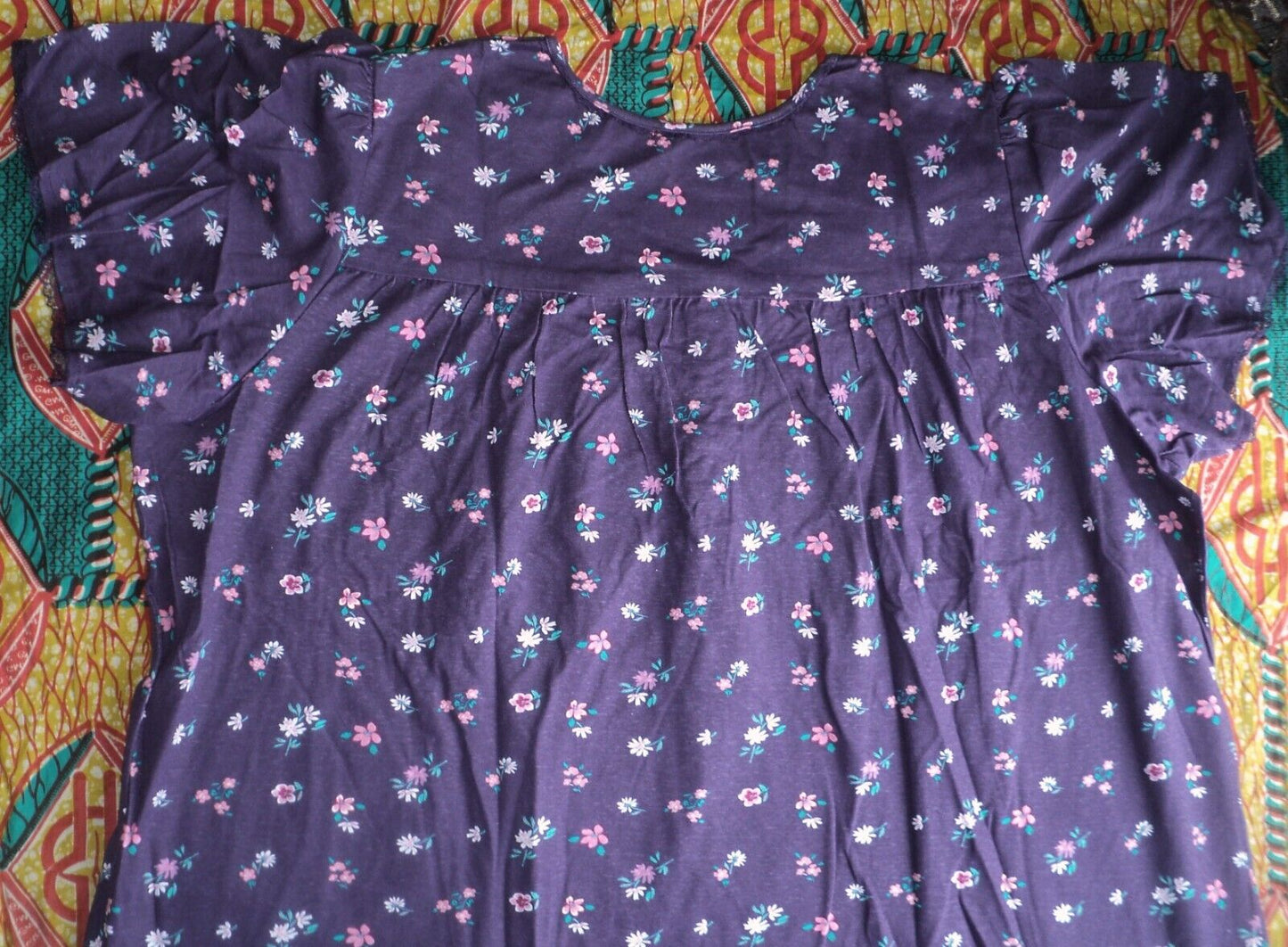 Dreams & Co. Plus Size Rich Violet Florals Long Cotton Knit Nightgown Size 1X