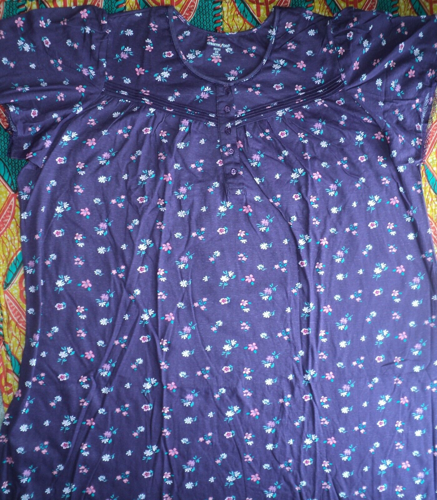 Dreams & Co. Plus Size Rich Violet Florals Long Cotton Knit Nightgown Size 1X