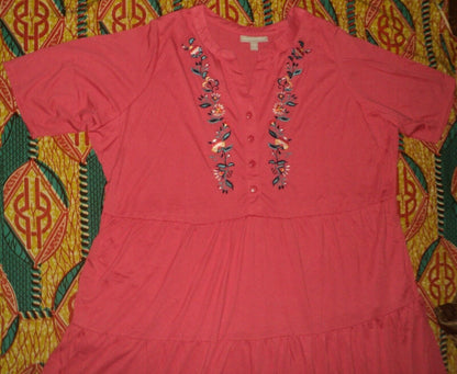 Woman Within Plus Size Rose Pink Embroidered Front Tiered Henley Dress Size 2X