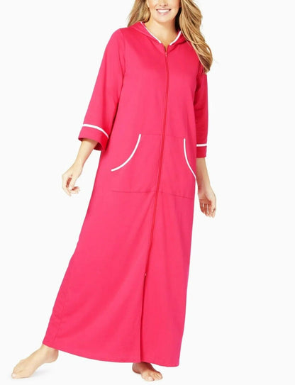 Dreams & Co. Plus Size Pink Burst 3/4 Sleeves Long Hooded Robe Size 6X(42/44)