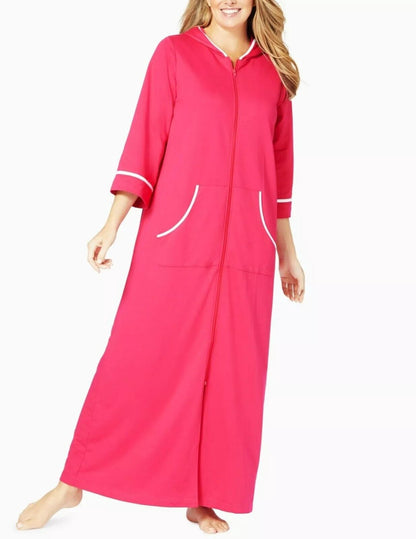 Dreams & Co. Plus Size Pink Burst 3/4 Sleeves Long Hooded Robe Size 6X(42/44)