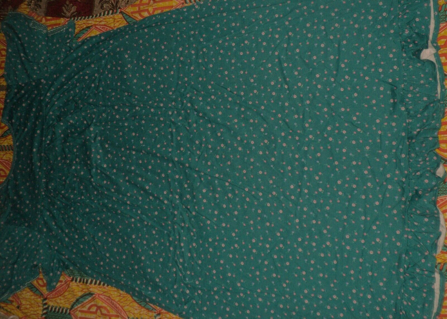 Dreams & Co. Plus Size Petite Deep Teal Ditsy Long Cotton Knit Nightgown Sz L