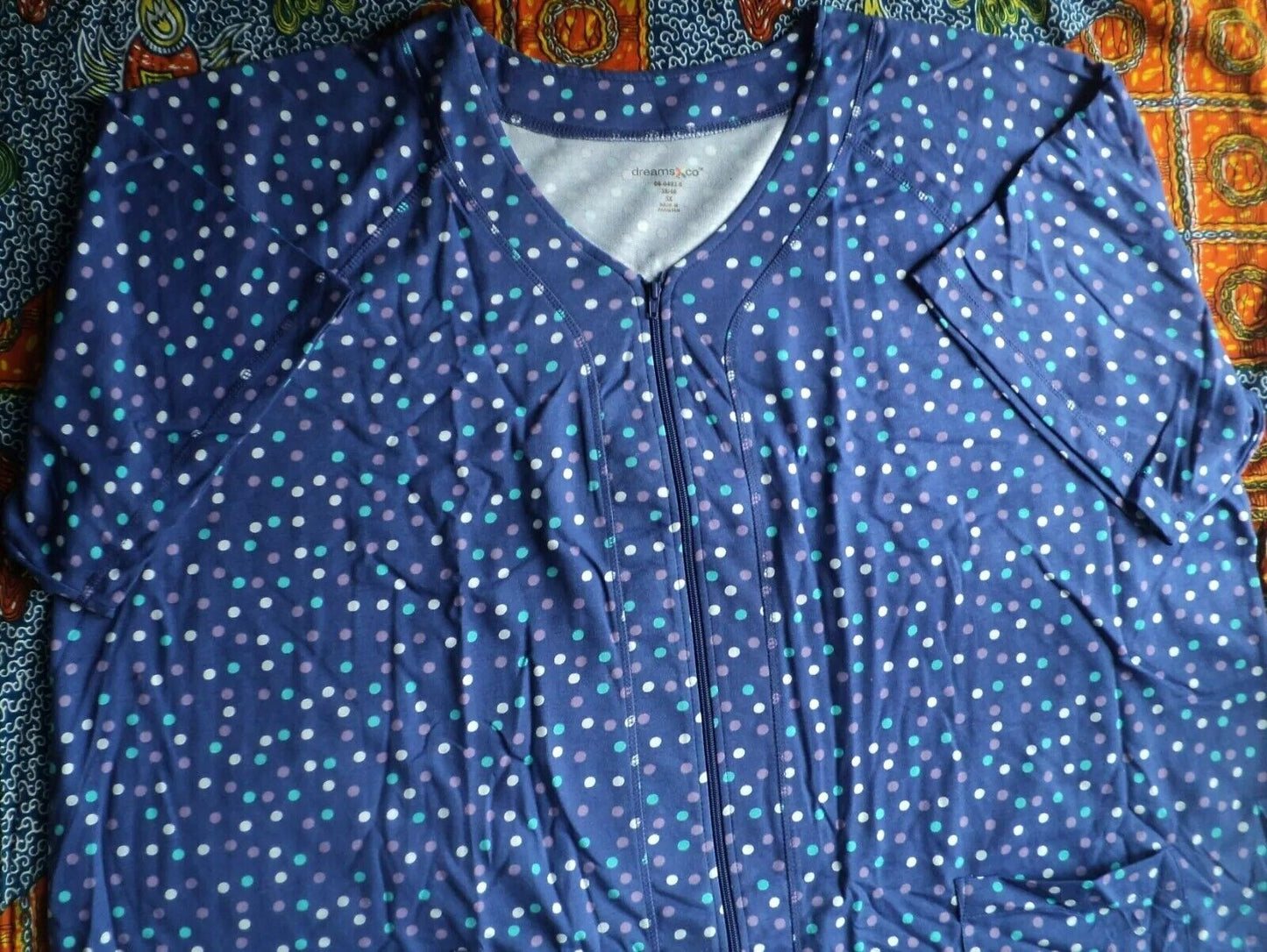 Dreams & Co. Plus Size Ultra Blue Multi Short Sleeves Long Zip-Front Robe Sz L