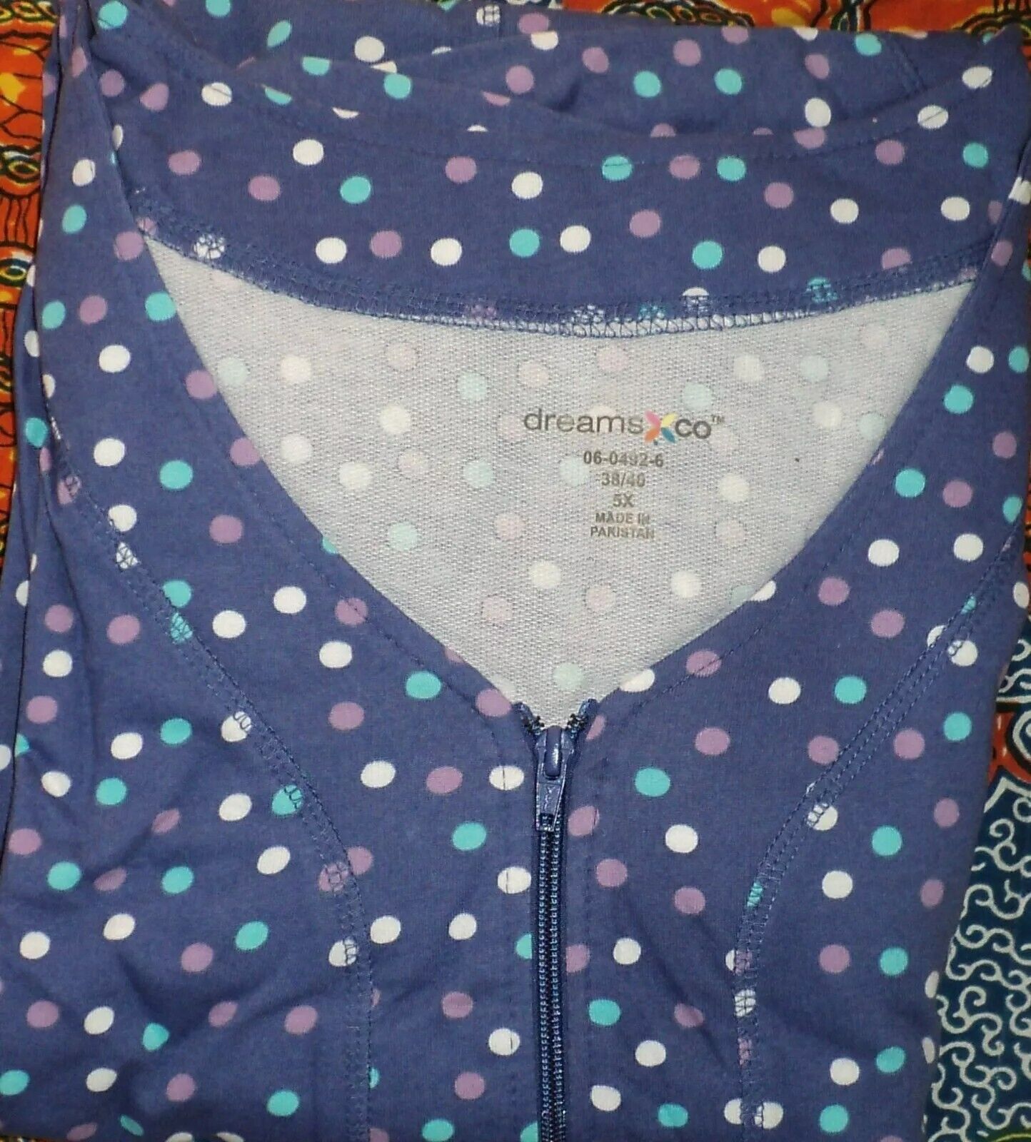 Dreams & Co. Plus Size Ultra Blue Multi Short Sleeves Long Zip-Front Robe Sz L