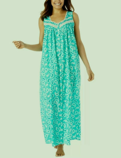 Dreams & Co Plus Size Aquamarine Paisley Long Sleeveless Floral Nightgown Sz 1X