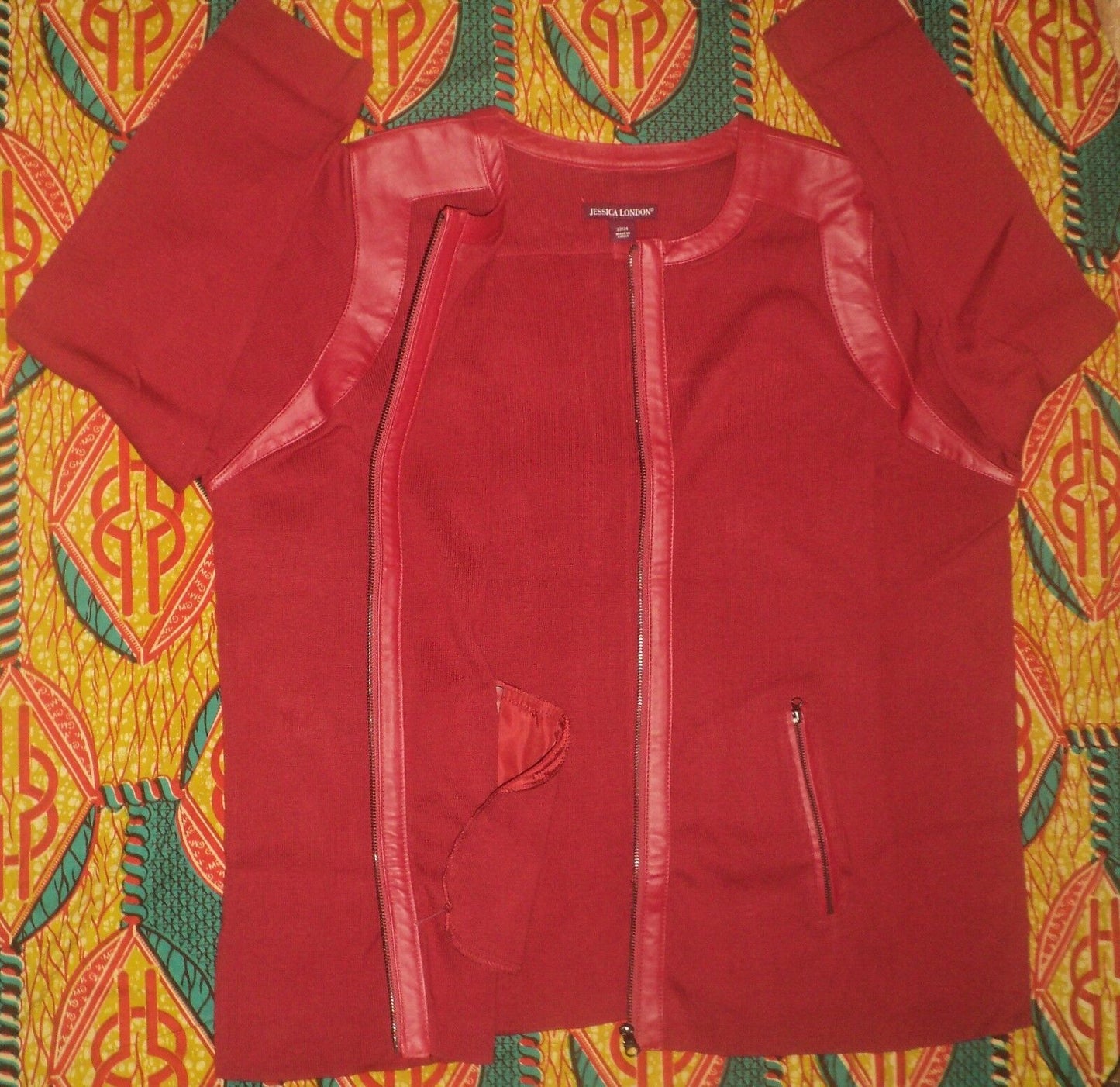 Jessica London Plus Size Classic Red Long Sleeve Leather-Trim Cardigan Sz 26/28