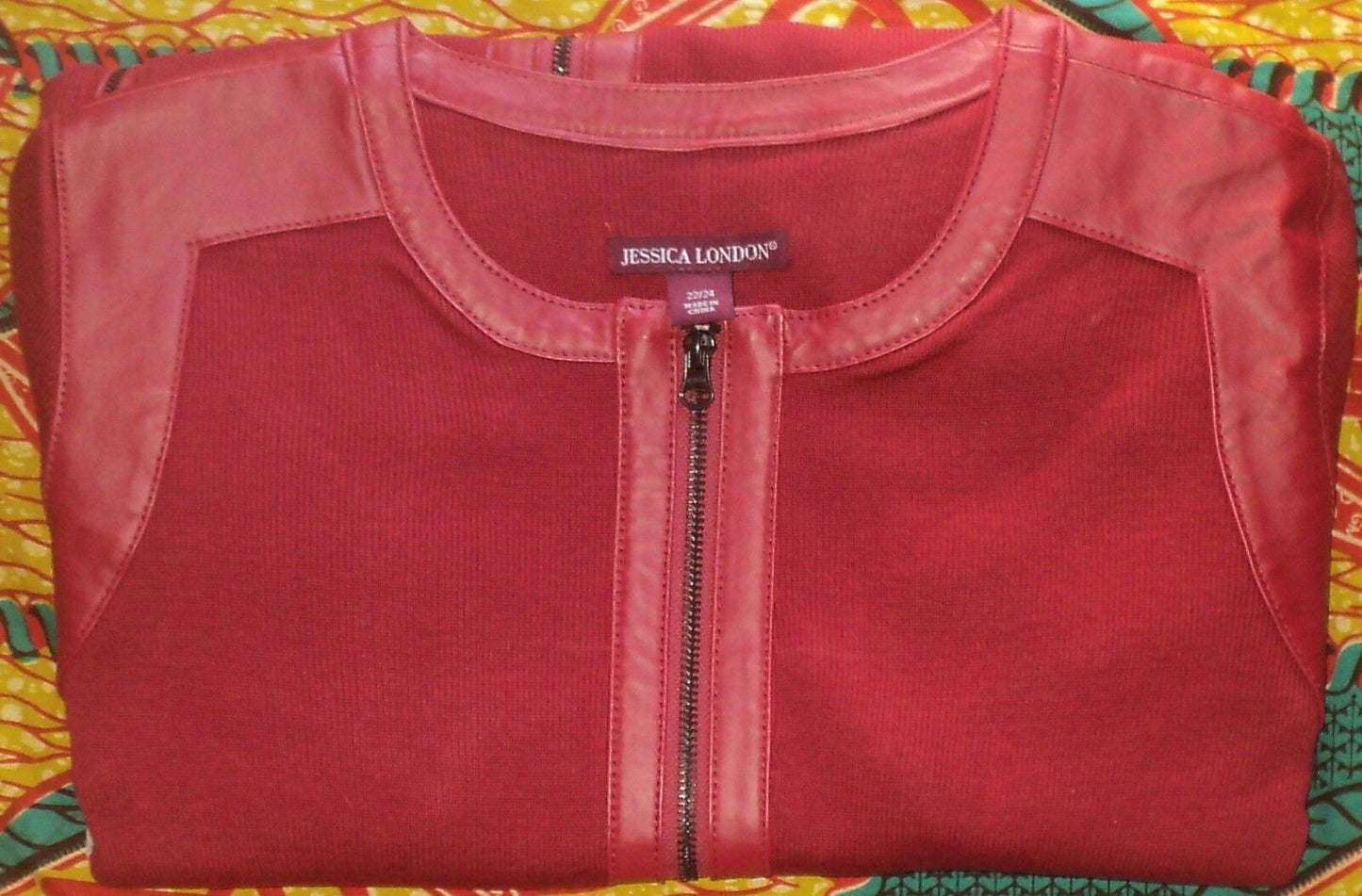 Jessica London Plus Size Classic Red Long Sleeve Leather-Trim Cardigan Sz 26/28