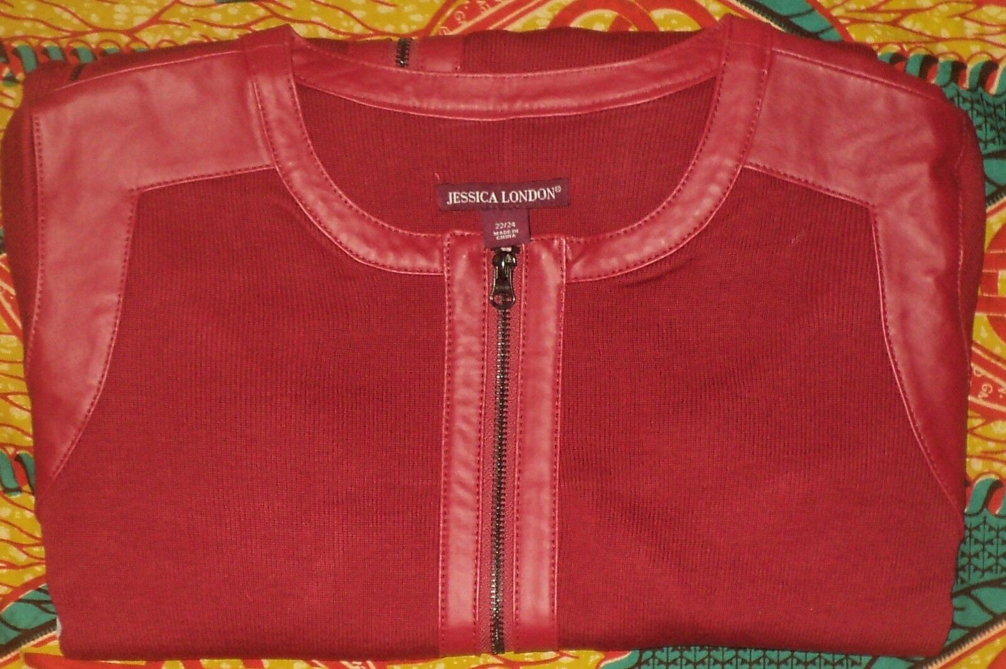 Jessica London Plus Size Classic Red Long Sleeve Leather-Trim Cardigan Sz 26/28