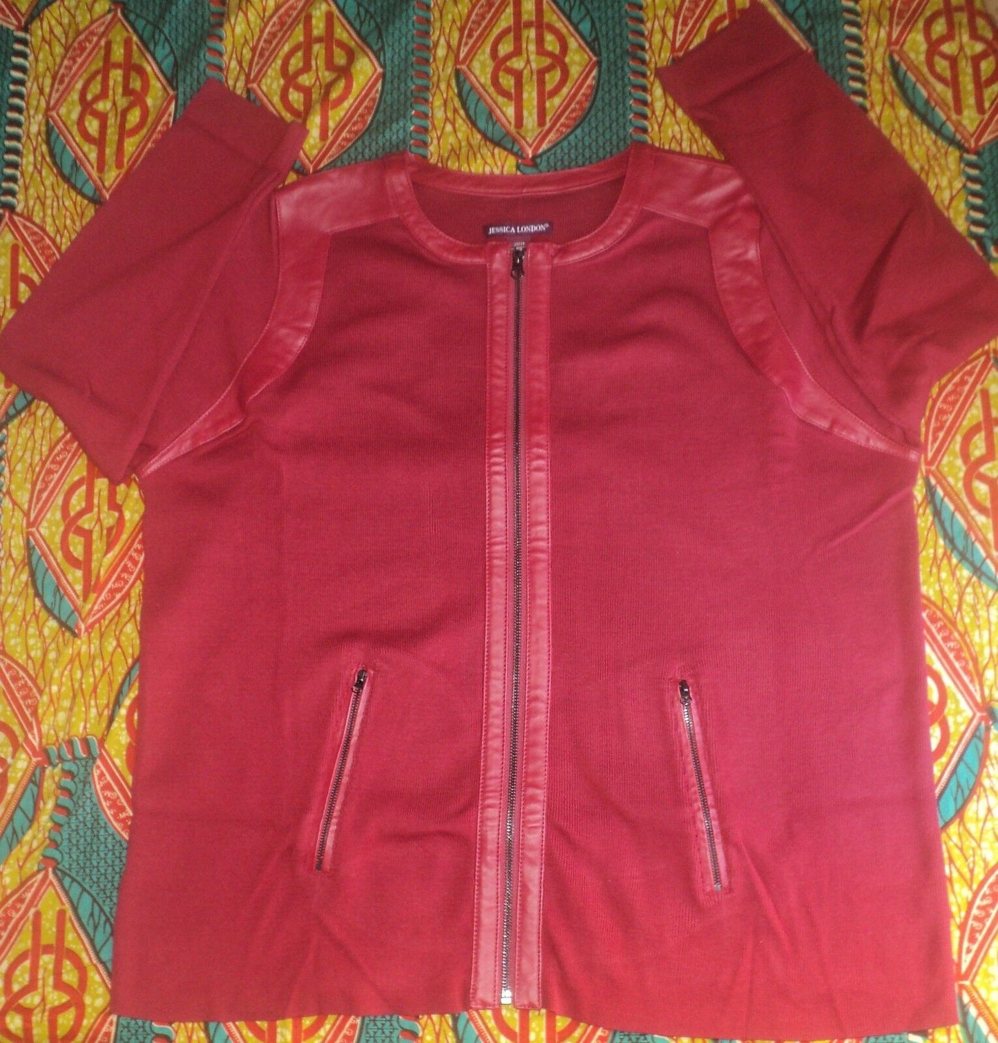 Jessica London Plus Size Classic Red Long Sleeve Leather-Trim Cardigan Sz 26/28