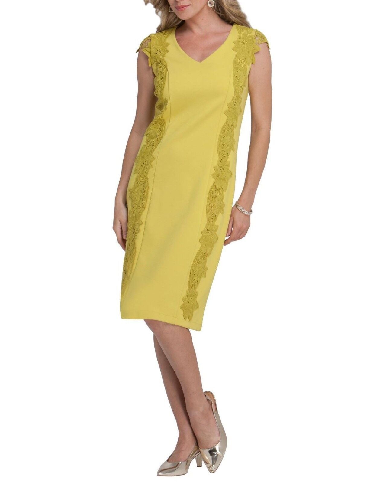 Roaman's Plus Size Bright Pistachio V-neckline Lace Trim Dress Size 26W