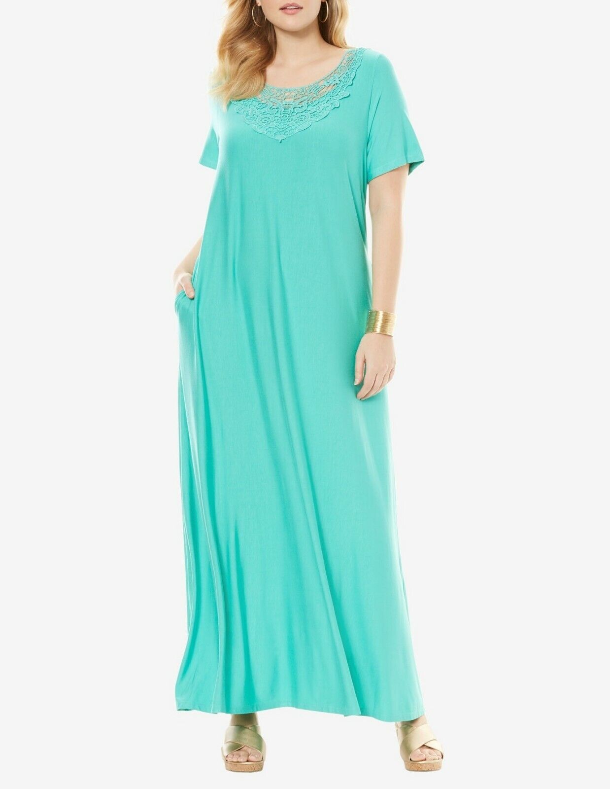 Jessica London Plus Size Pretty Jade Crochet Applique Maxi Dress Size 30W