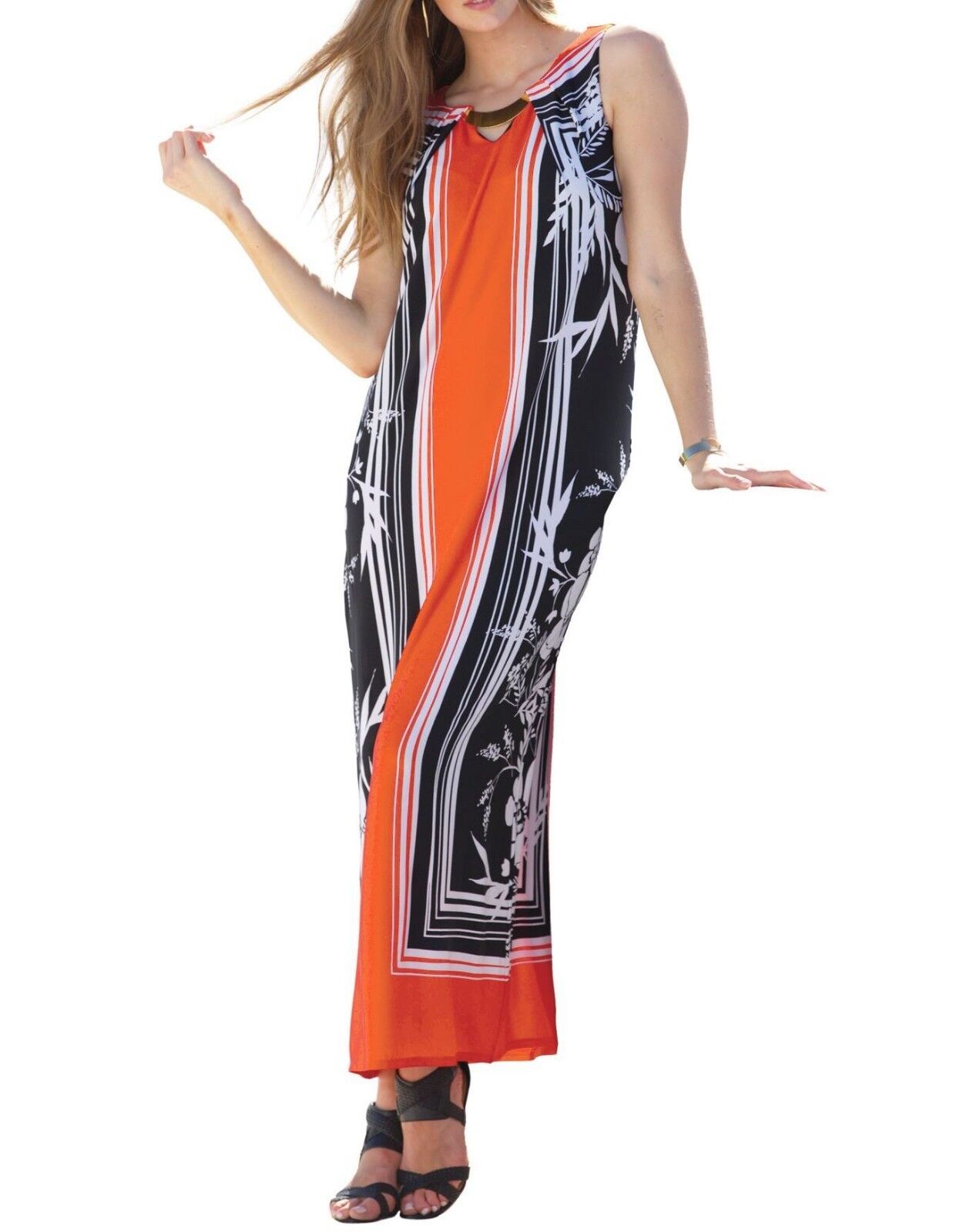 Roaman's Plus Size Red Orange Print Sleeveless Long Dress Size L(18/20)