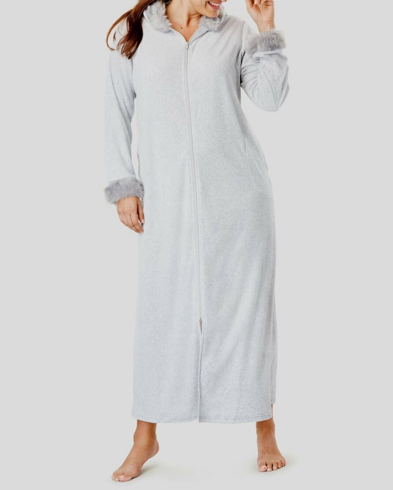 Dreams & Co. Plus Size Heather Grey Fur-Trimmed Hooded Robe Size 3X(30/32)