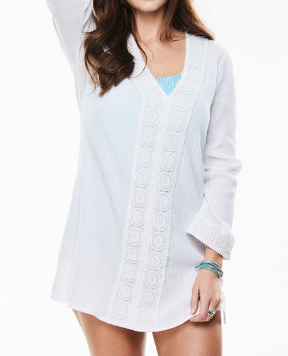 Plus Size White Long Sleeves Crochet-Trimmed Gauze Swim Cover-up Size 34/36