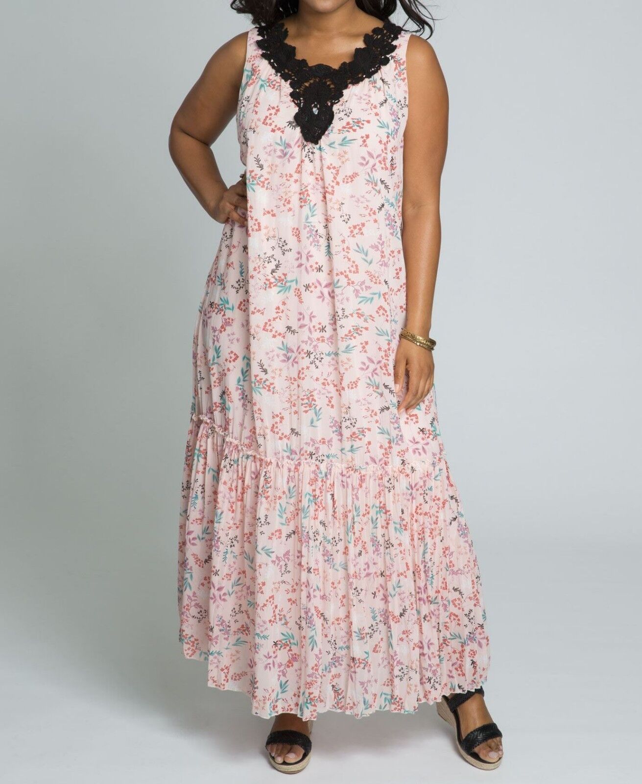 Roaman's Plus size Pale Blush Print Sleeveless Crochet Trim Maxi Dress Size 28W