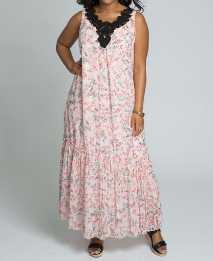 Roaman's Plus size Pale Blush Print Sleeveless Crochet Trim Maxi Dress Size 28W