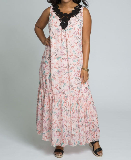 Roaman's Plus size Pale Blush Print Sleeveless Crochet Trim Maxi Dress Size 28W