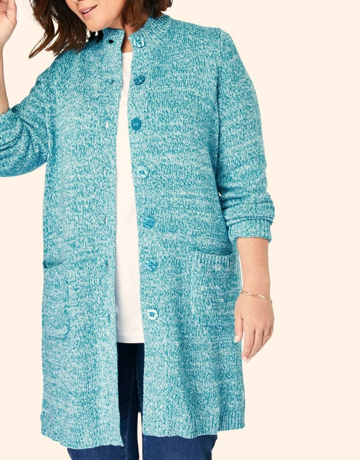 Woman Within Plus Size Deep Turquoise White Marled Sweater Cardigan Size 2X