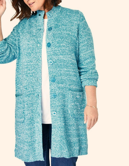 Woman Within Plus Size Deep Turquoise White Marled Sweater Cardigan Size 2X