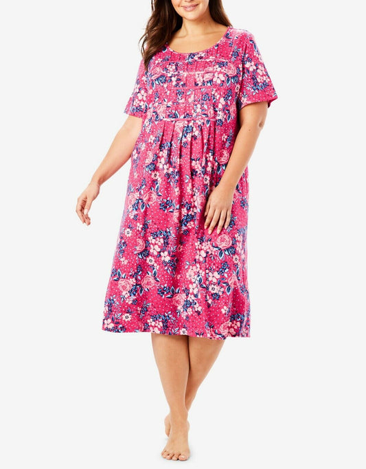 Dreams & Co. Plus Size Radiant Pink Flowers Pintucked Lounger Size L(18/20)
