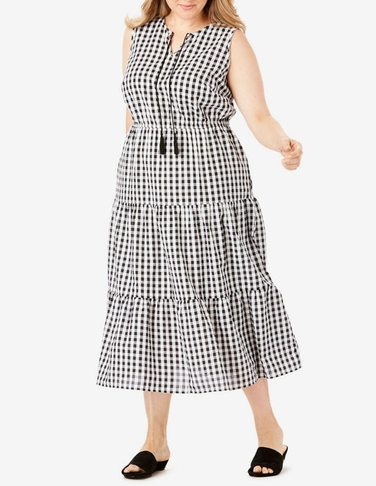 Woman Within Plus Size Black Gingham Sleeveless Tiered Seersucker Dress Size 24W