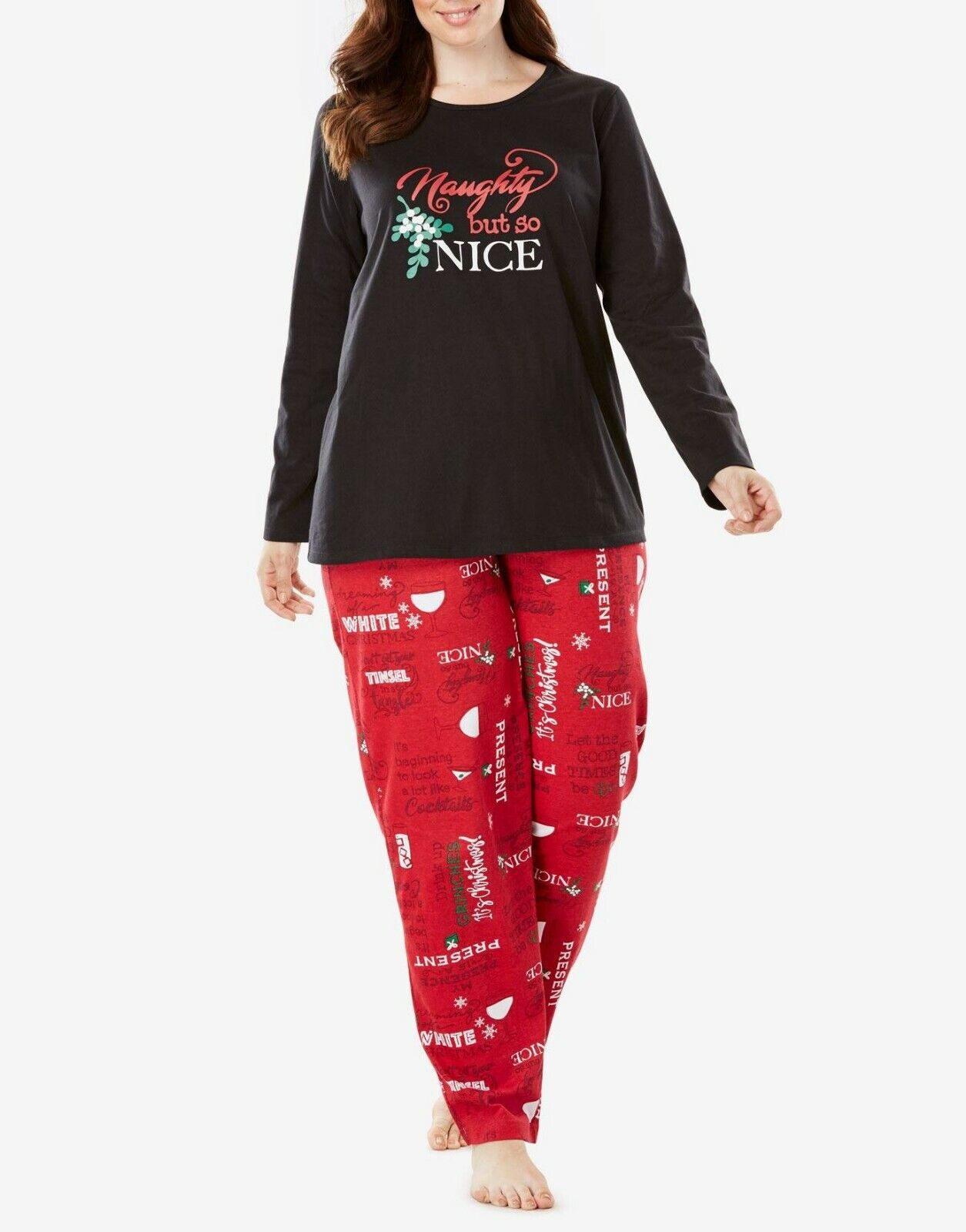 Dreams & Co Plus Size Classic Red Mistletoe Holiday Print Pajama Set Sz L-18/20