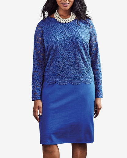 Jessica London Plus Size Twilight Blue Ponte Lace Overlay Dress Size 14