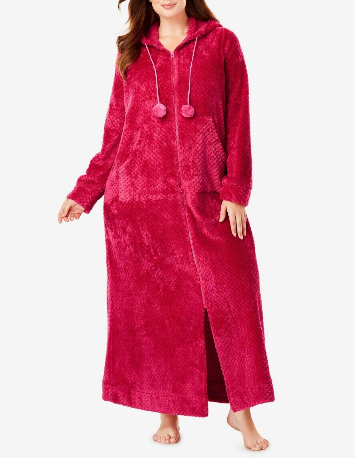 Dreams & Co. Plus Size Classic Red Plush Hooded Long Robe Size L(18/20)