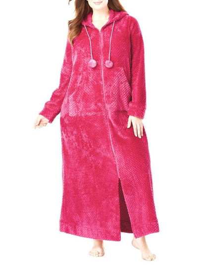 Dreams & Co. Plus Size Classic Red Plush Hooded Long Robe Size L(18/20)