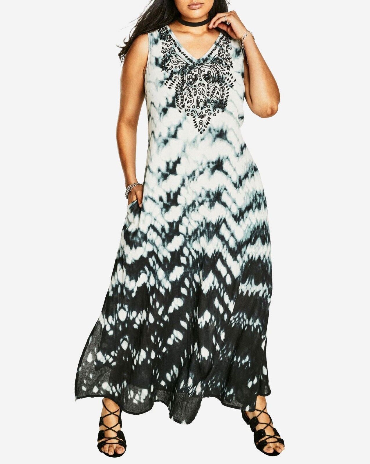 Roaman's Plus Size Sleeveless V-neck Black Tie Dye Maxi Dress Size 16W