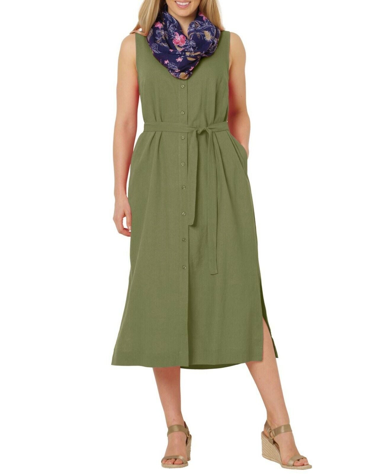 Woman Within Plus Size Green Fern Sleeveless Button-Front Linen-Blend Dress 20W