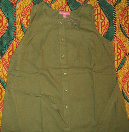 Woman Within Plus Size Green Fern Sleeveless Button-Front Linen-Blend Dress 20W