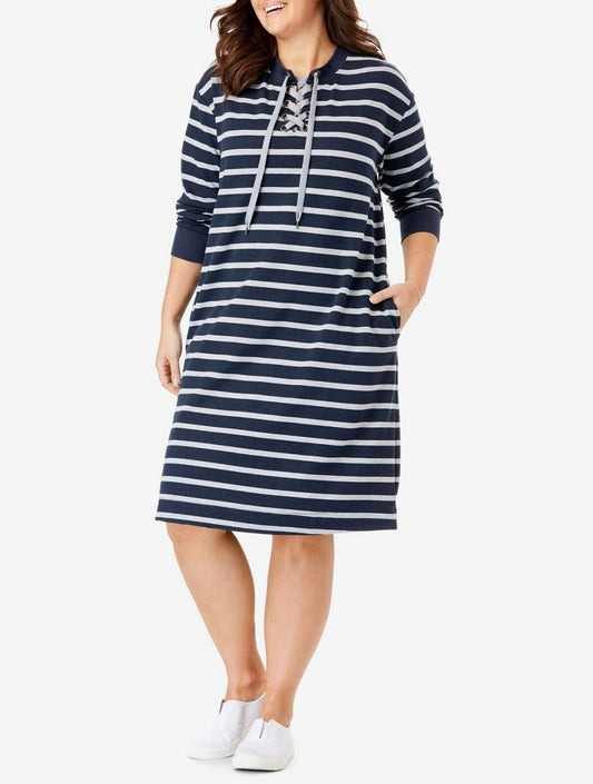 Woman Within Plus Size Navy Heather Grey Stripe Lace-Up Front Fleece Dress Sz L