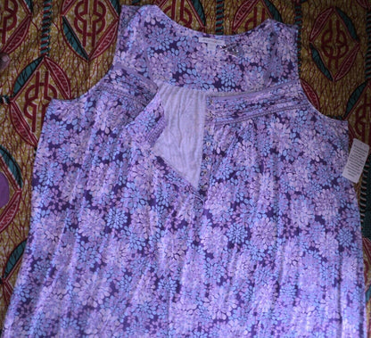 Dreams & Co. Plus Size Plum Burst Petals Sleeveless Long Knit Lounger Size 2X