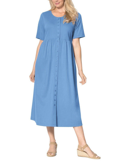 Woman Within Petite Plus Size Horizon Blue Button Front Empire Waist Dress Sz 5X