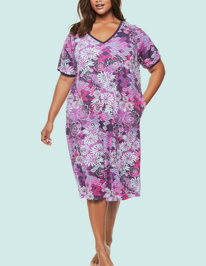 Dreams & Co. Plus Size Rich Violet Blooming Short T-Shirt Lounger Size 1X(22/24)