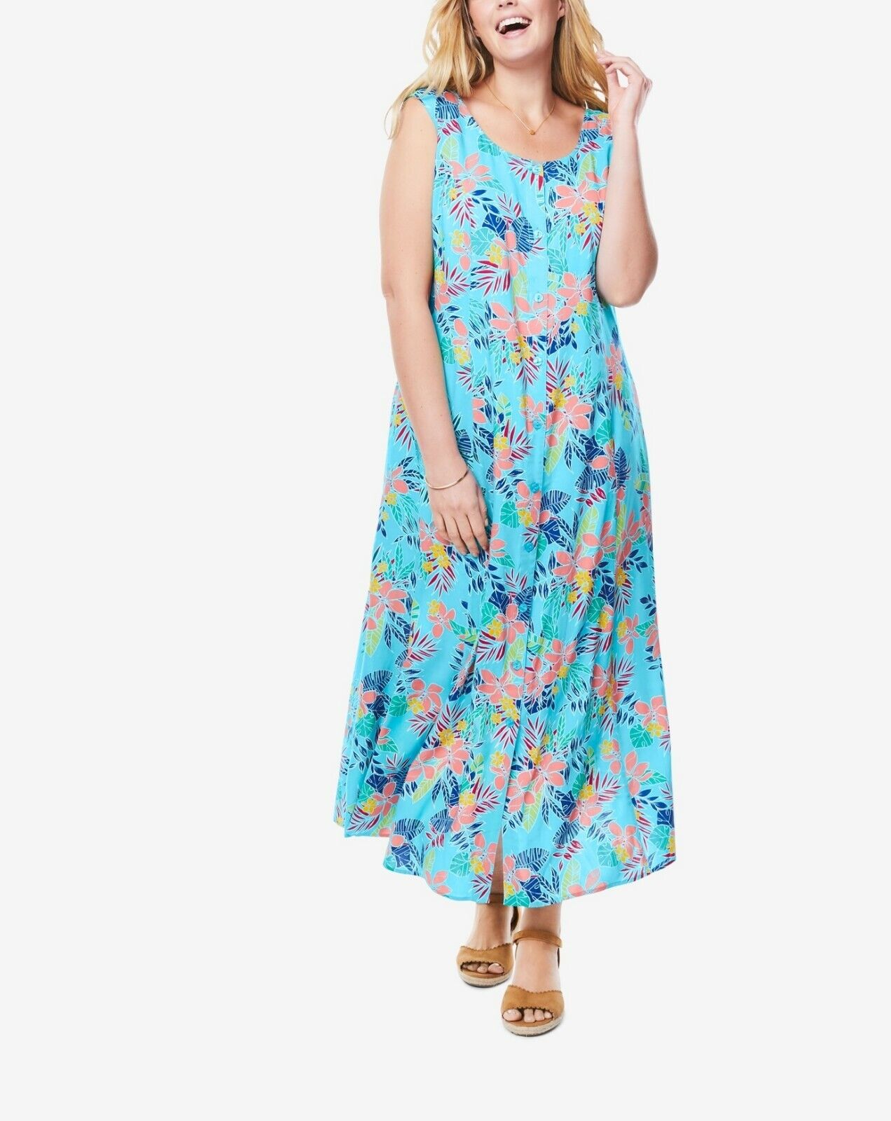 Woman Within Plus Size Caribbean Blue Scoopneck Button-Front Maxi Dress Size 28W