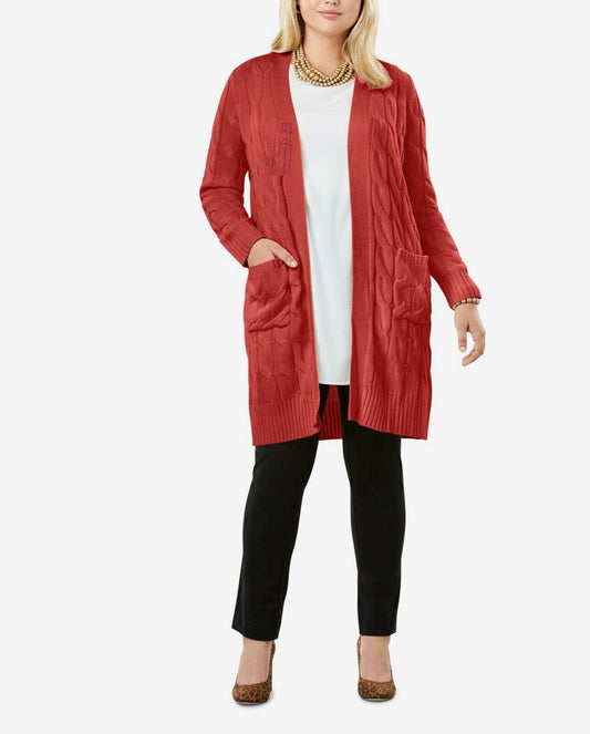 Jessica London Plus Size Pepper Red Cable Duster Sweater Cardigan Size 14/16