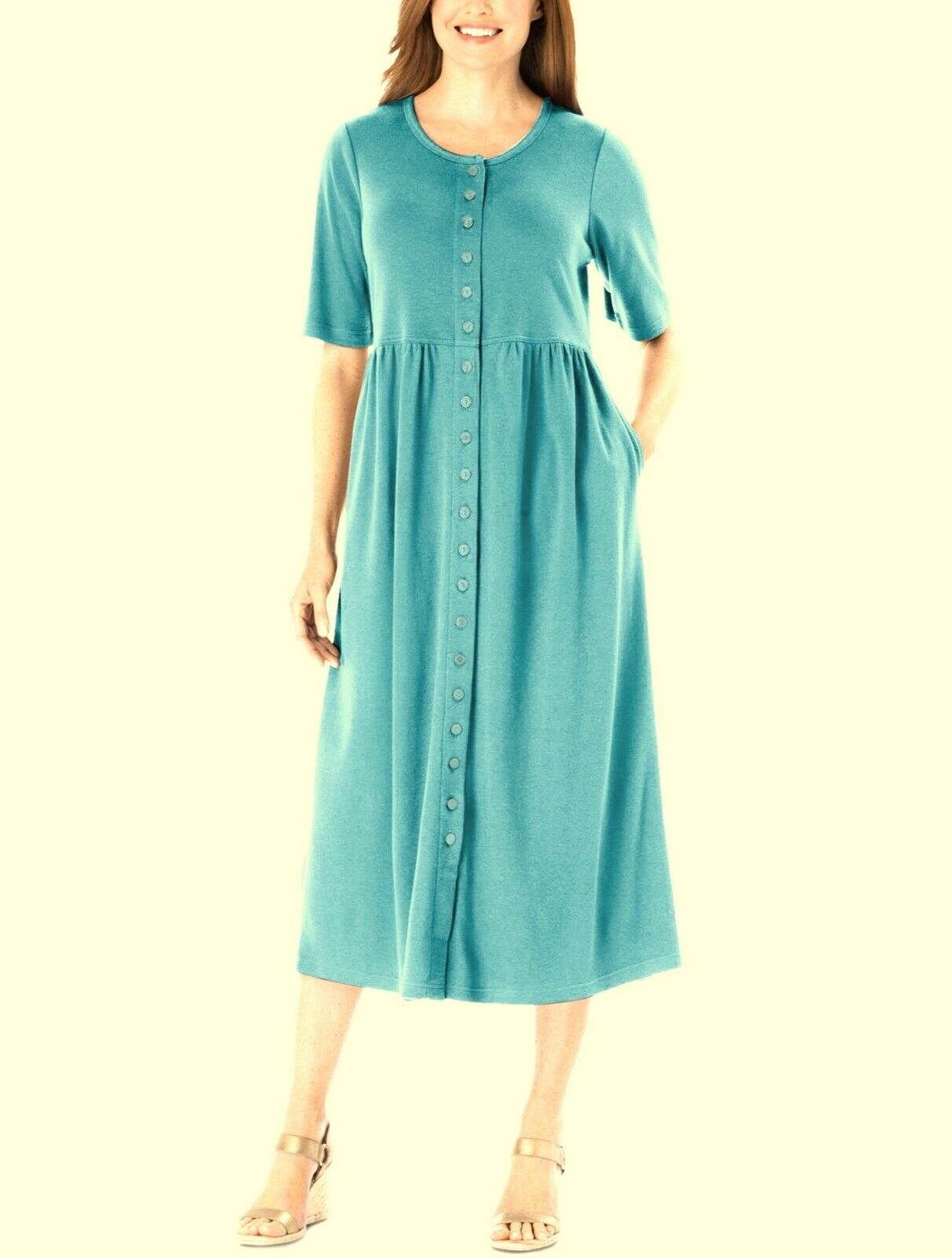 Woman Within Petite Plus Size Soft Aqua Button Front Empire Waist Dress Size 5X