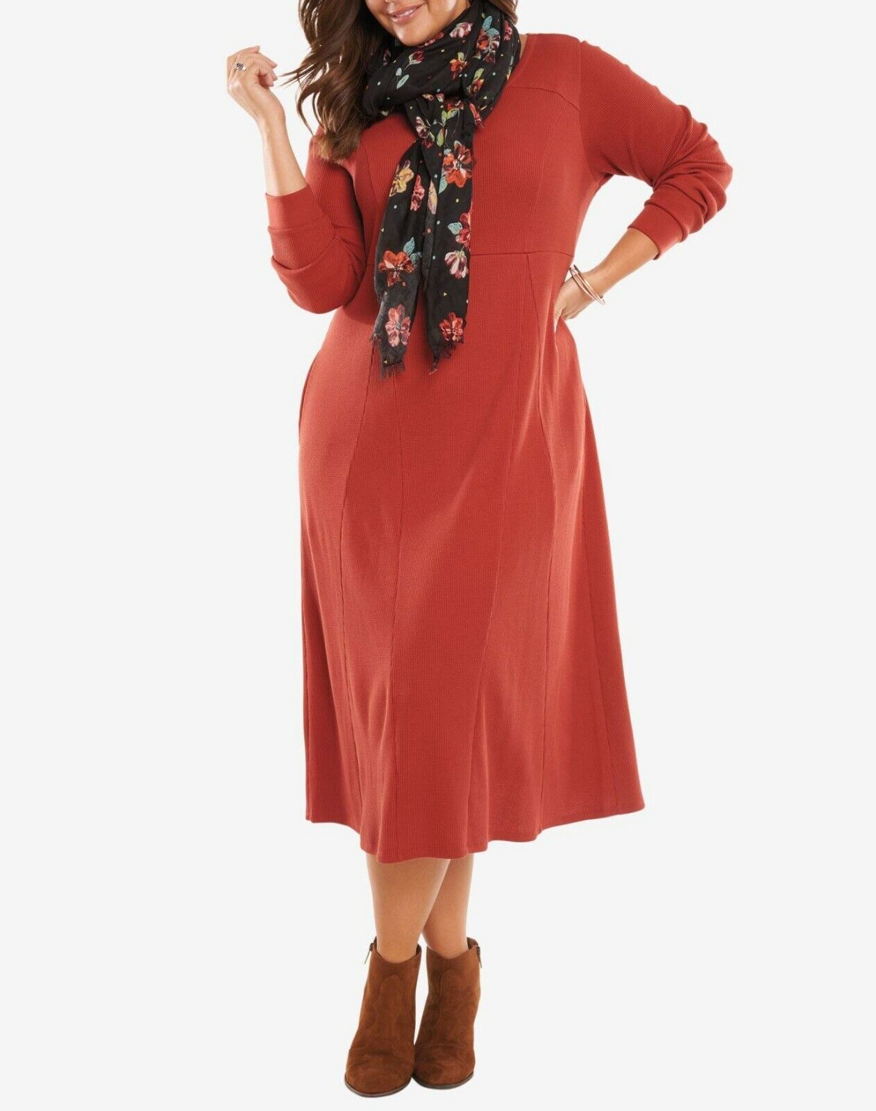 Woman Within Plus Size Red Ochre Thermal Knit A-Line Dress Size 4X(34/36)