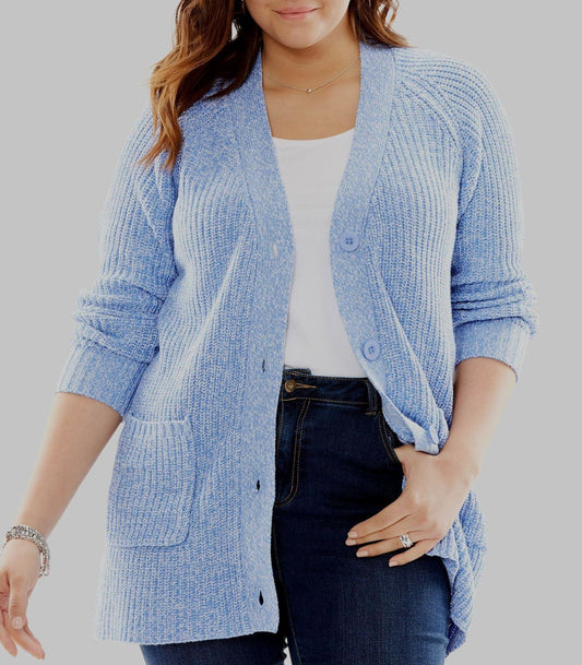 Woman Within Plus Size French Blue White Shaker Knit Cardigan Size 2X(26/28)