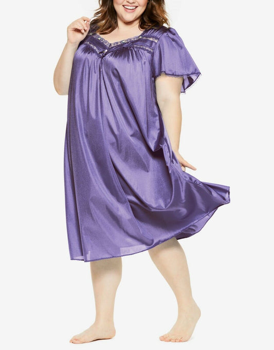 Only Necessities Plus Size Rich  Violet Short Silky Lace-Trim Nightgown Size L