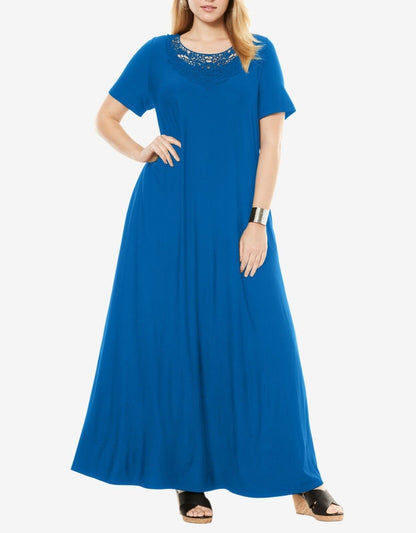 Jessica London Plus Size Petite Bright Cobalt Crochet Applique Maxi Dress 20W