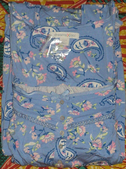 Dreams & Co. Plus Size French Blue Paisley Sleeveless Long Knit Lounger Size 1X