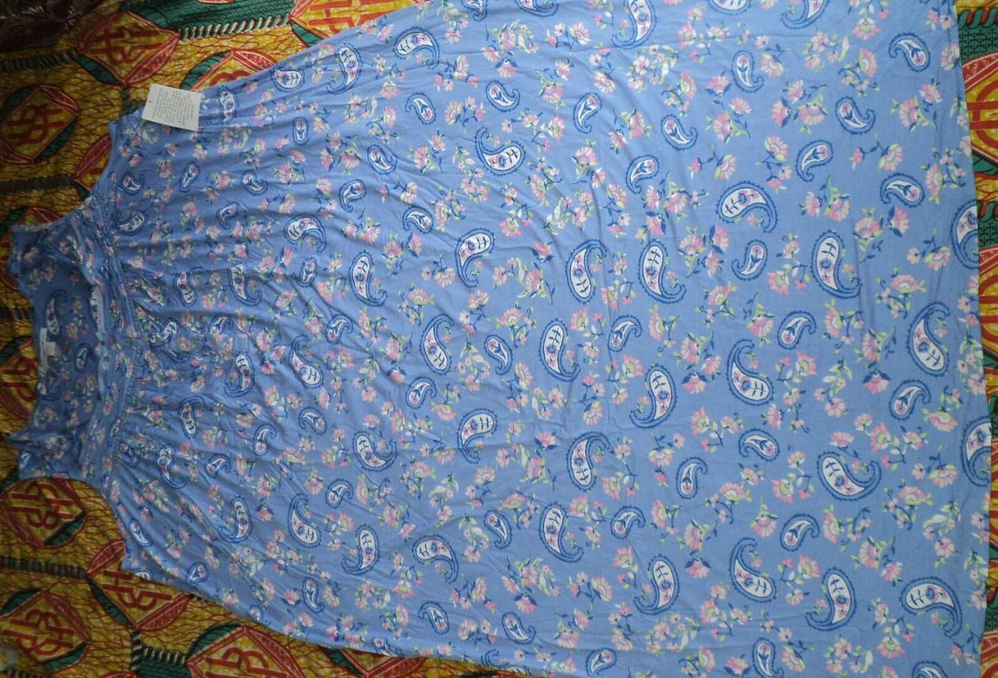 Dreams & Co. Plus Size French Blue Paisley Sleeveless Long Knit Lounger Size 1X