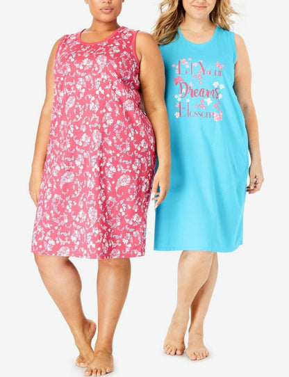 Dreams & Co Plus Size Bright Aqua Blossom 2Pack Sleeveless Sleepshirts Size 3X