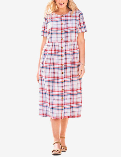 Woman Within Plus Size White Multi Plaid Short-Sleeve Seersucker Dress Size 26W