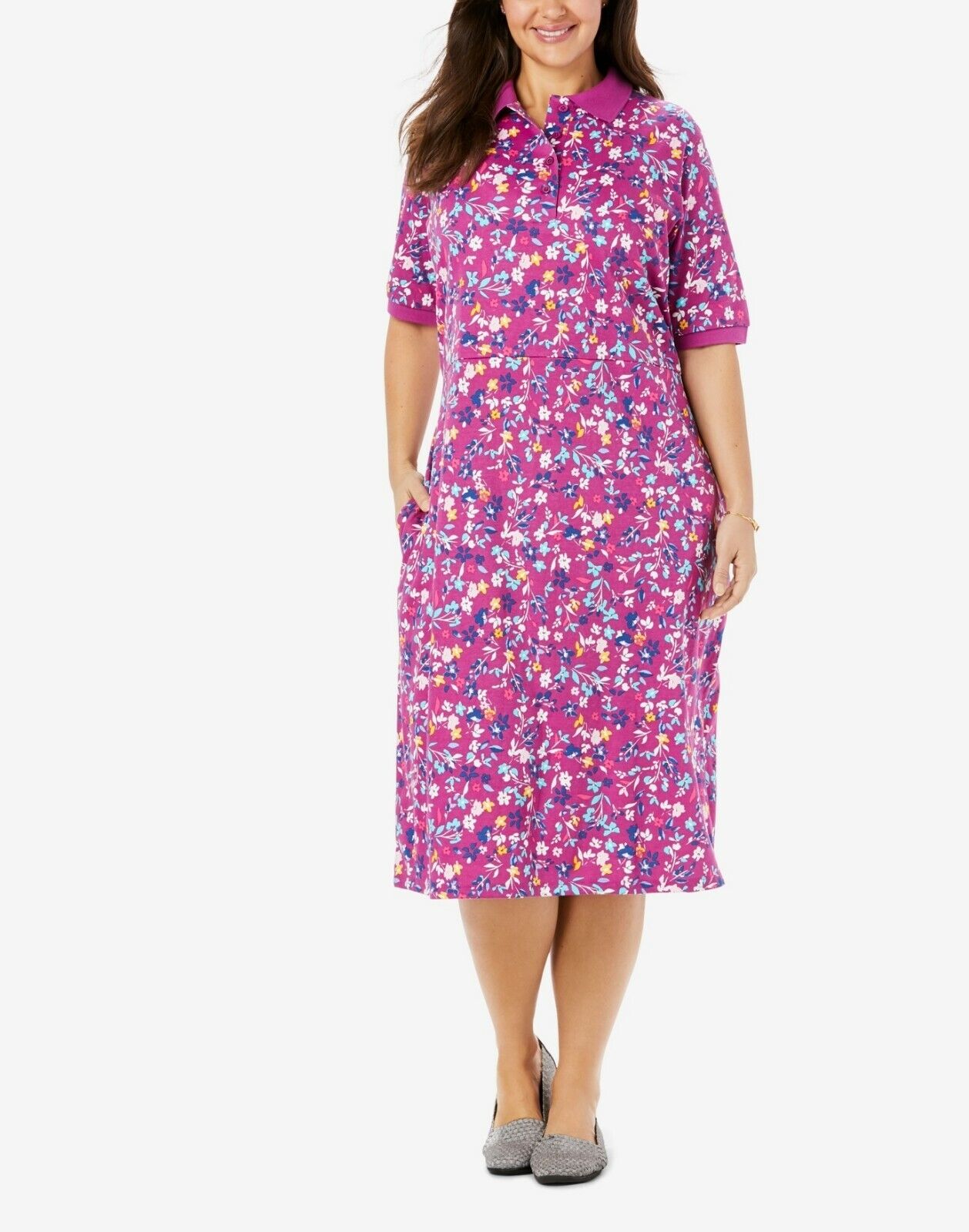 Woman Within Plus Size Rich Magenta Floral A-Line Polo Tee Dress Size 3X(30/32)