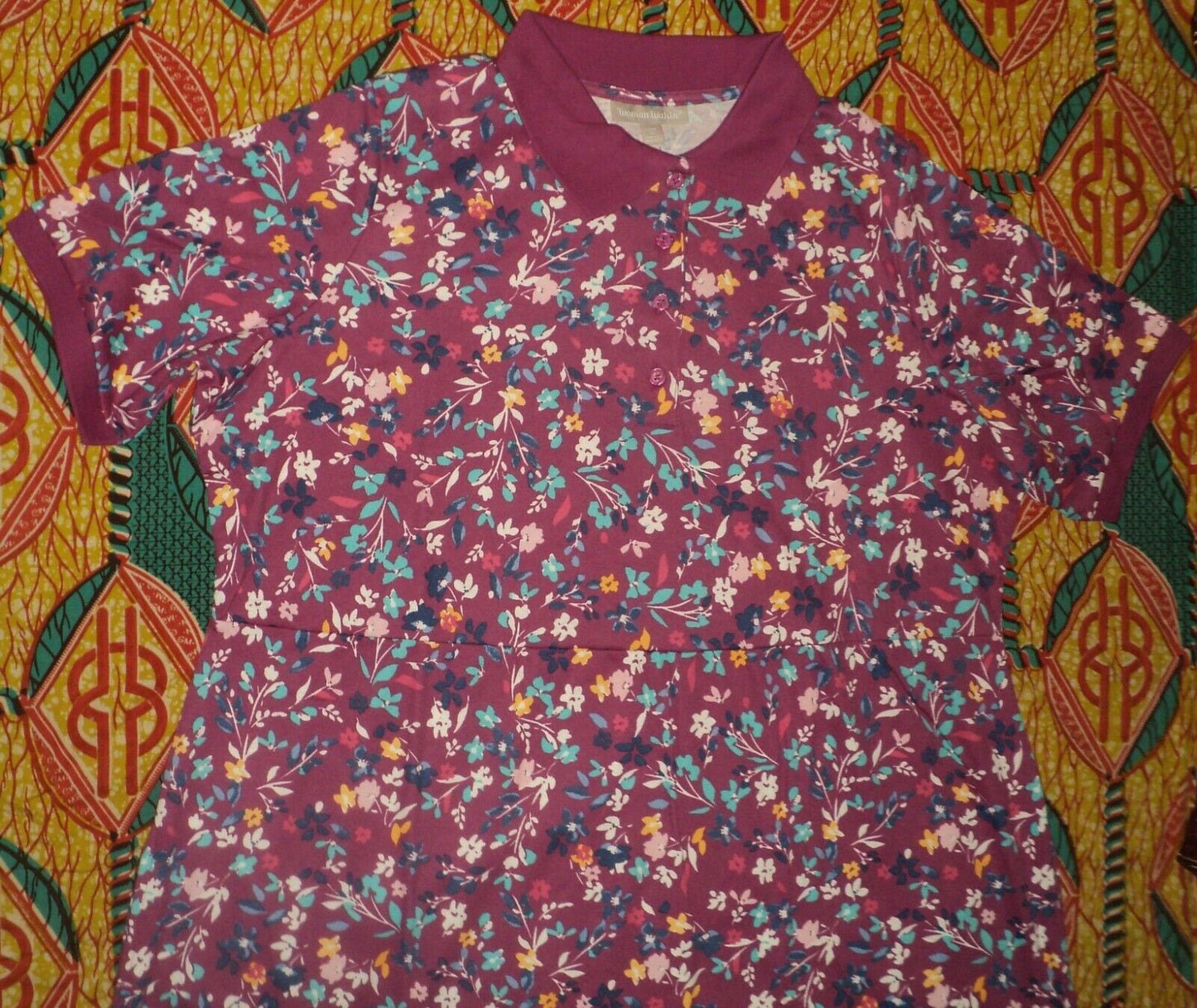 Woman Within Plus Size Rich Magenta Floral A-Line Polo Tee Dress Size 3X(30/32)