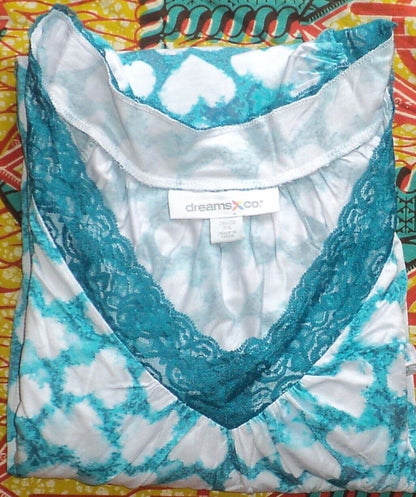 Dreams & Co. Plus Size Dark Turq Tie Dye Hearts Lace Trim Knit Nightgown Sz 3X